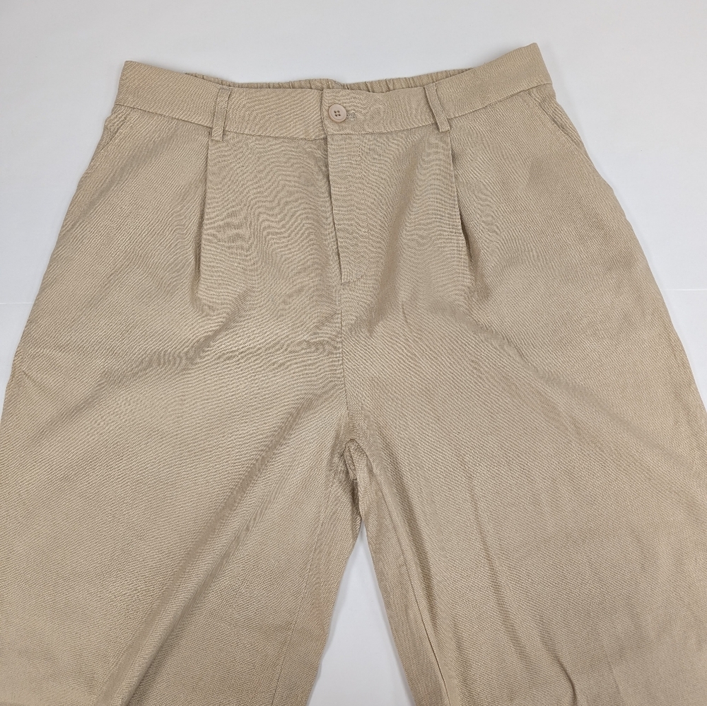 Linen Cotton Blend Wide Leg Pull On Khaki Trousers Pants XL 34x33 Long [214]